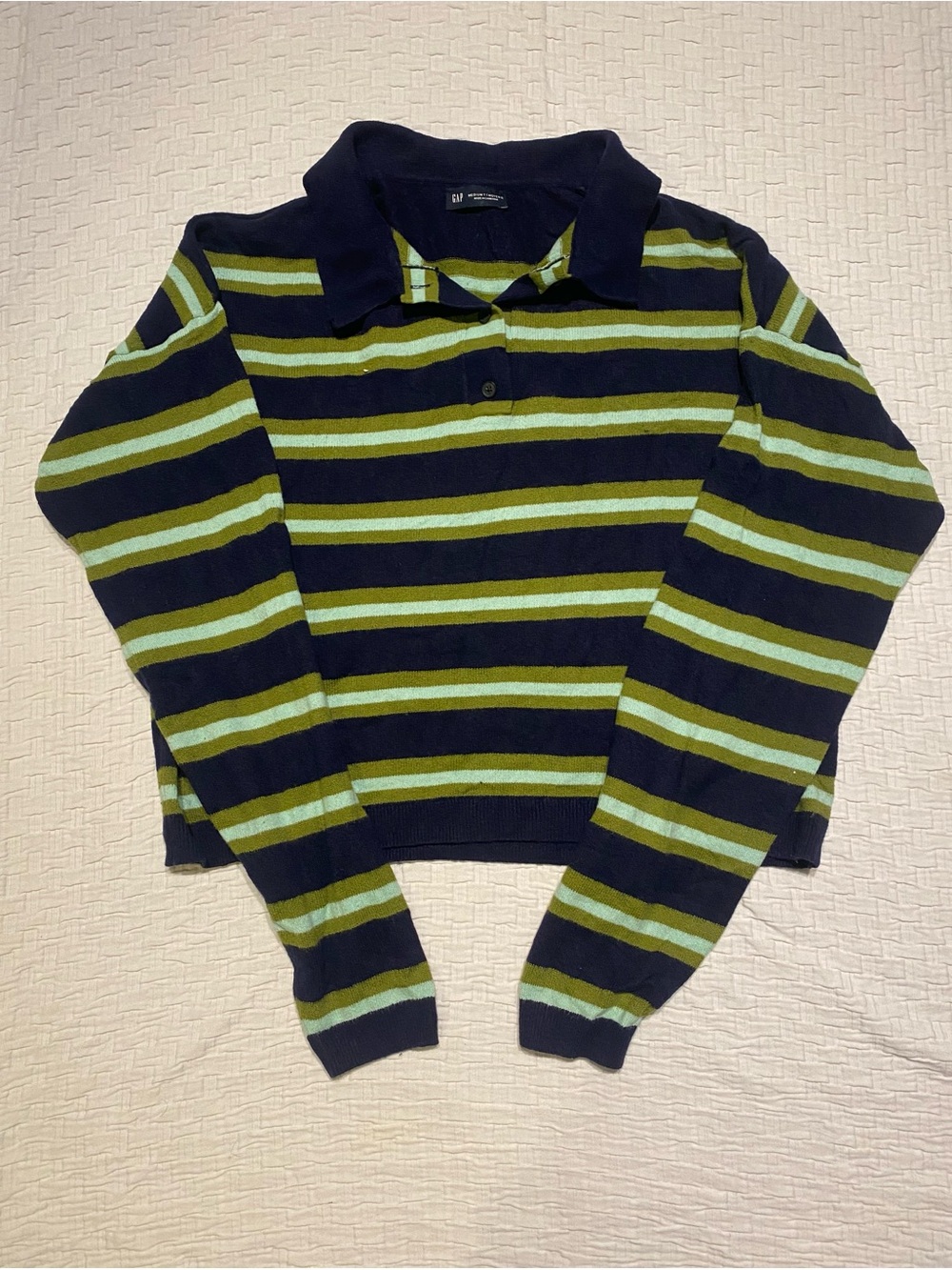 Gap Navy & Green Striped Polo Sweater